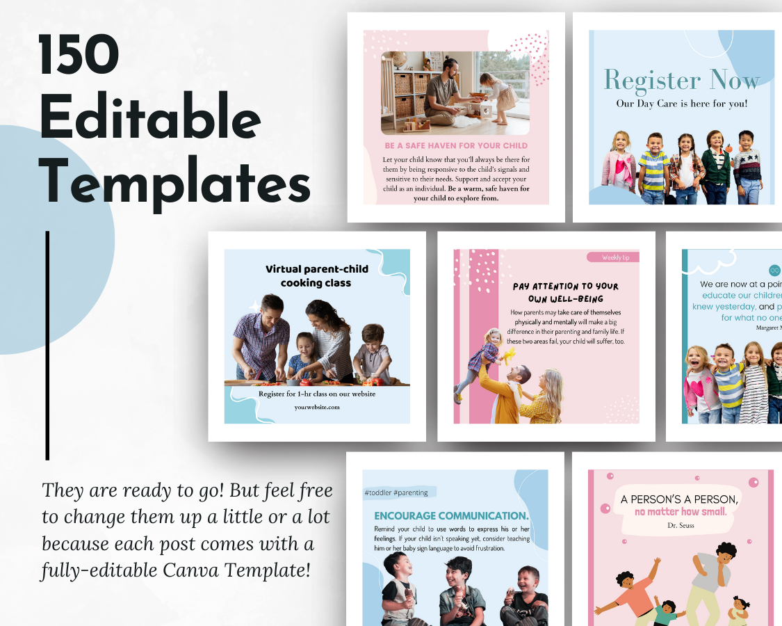 150 editable Childcare Social Media Post Bundle with Canva templates from Socially Inclined.