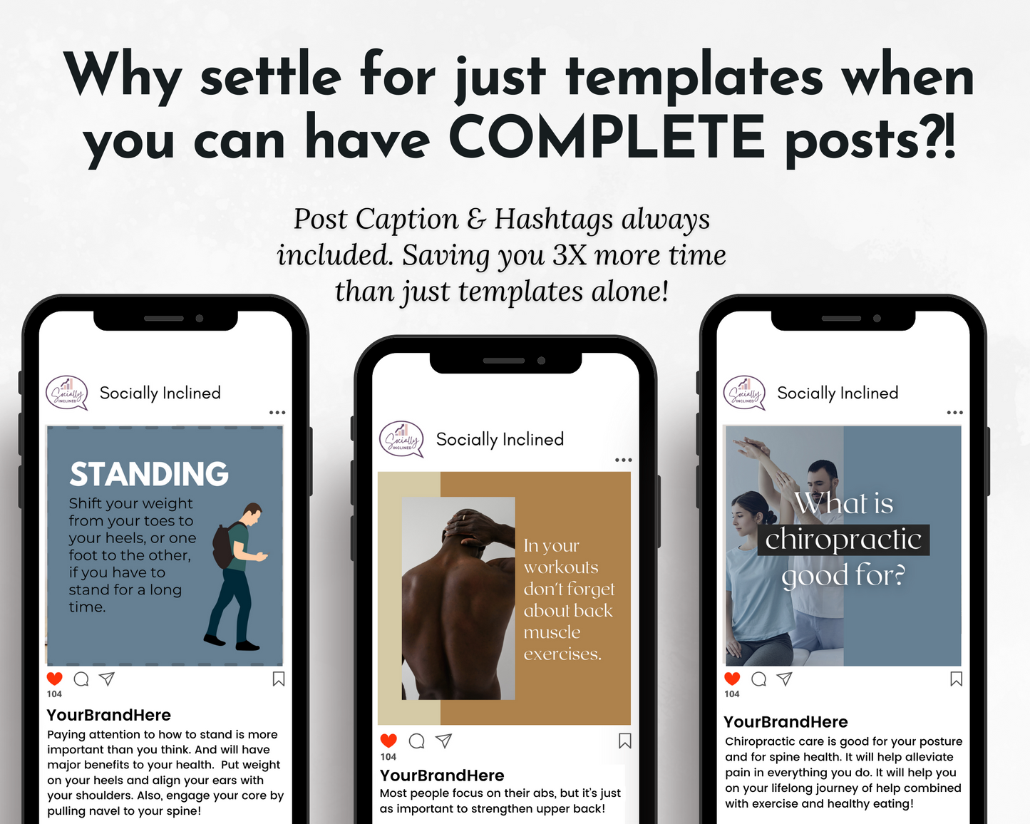 Four Chiropractic Social Media Post Bundles with Canva Templates from Socially Inclined with the text 'select just when you can complete post?' for chiropractic business.