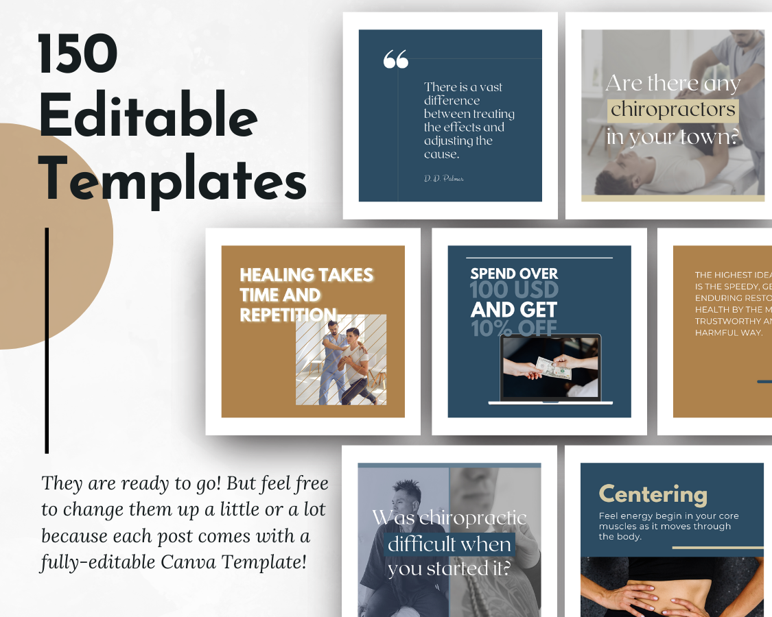150 editable Chiropractic Social Media Post Bundle templates with Canva, by Socially Inclined, for targeted posts.