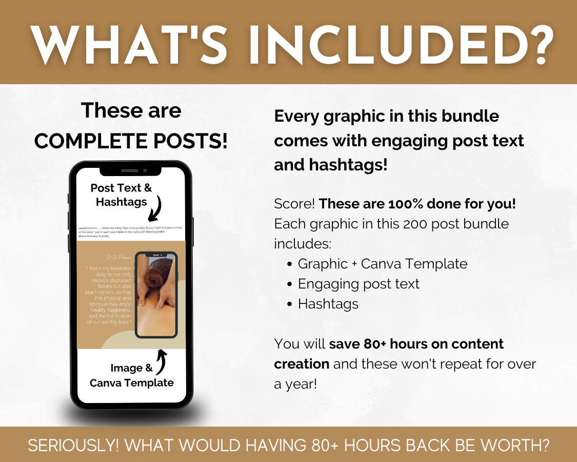 What's included in the complete targeted Chiropractic Social Media Post Bundle with Canva Templates for businesses? This package includes SEO keywords specifically tailored for your chiropractic business, as well as eye-catching social media images.