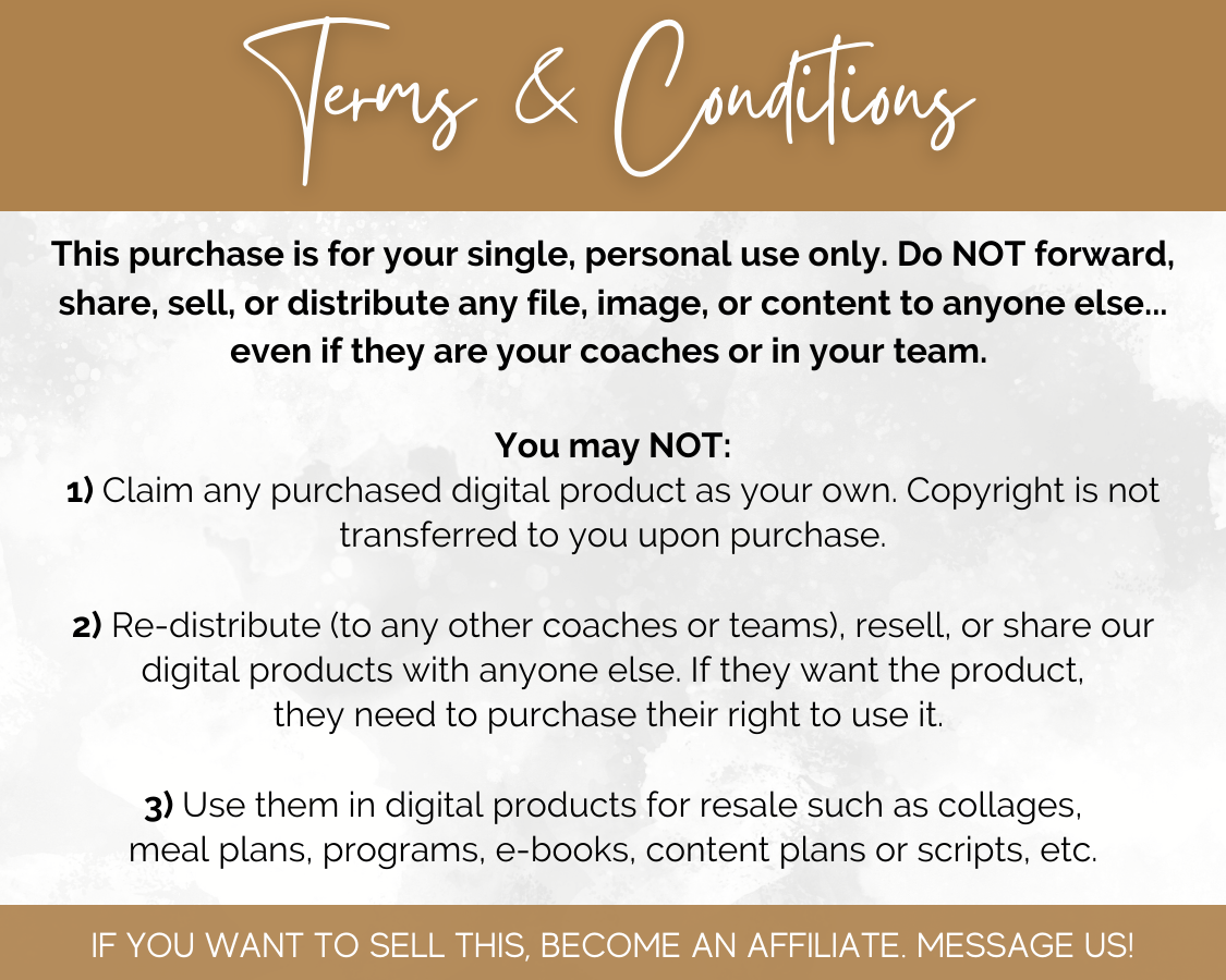 A flyer containing "terms and conditions" for Socially Inclined's Chiropractic Social Media Post Bundle with Canva Templates.