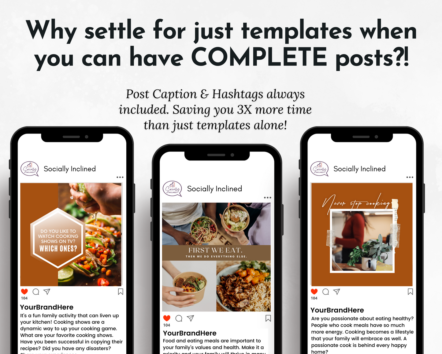 A group of Cooking Social Media Post Bundles with Canva Templates from the brand Socially Inclined, with the text "select for just templates when you have complete post" for creating social media images.