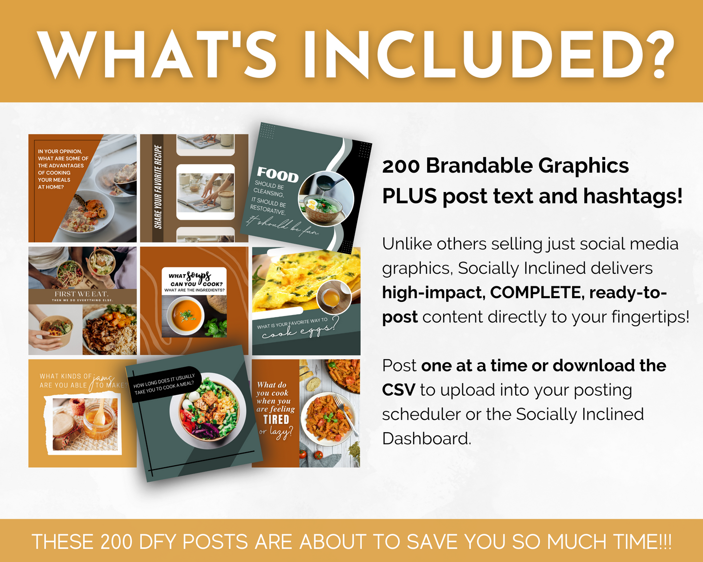What's included in the Cooking Social Media Post Bundle with Canva Templates for cooking content and social media images by Socially Inclined?