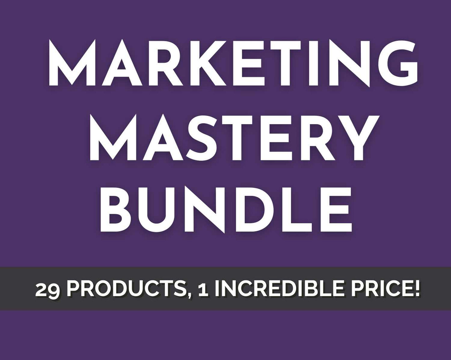 A purple background showcases: "Socially Inclined's Marketing Mastery Bundle. 29 Products Bundled, 1 Incredible Value!.