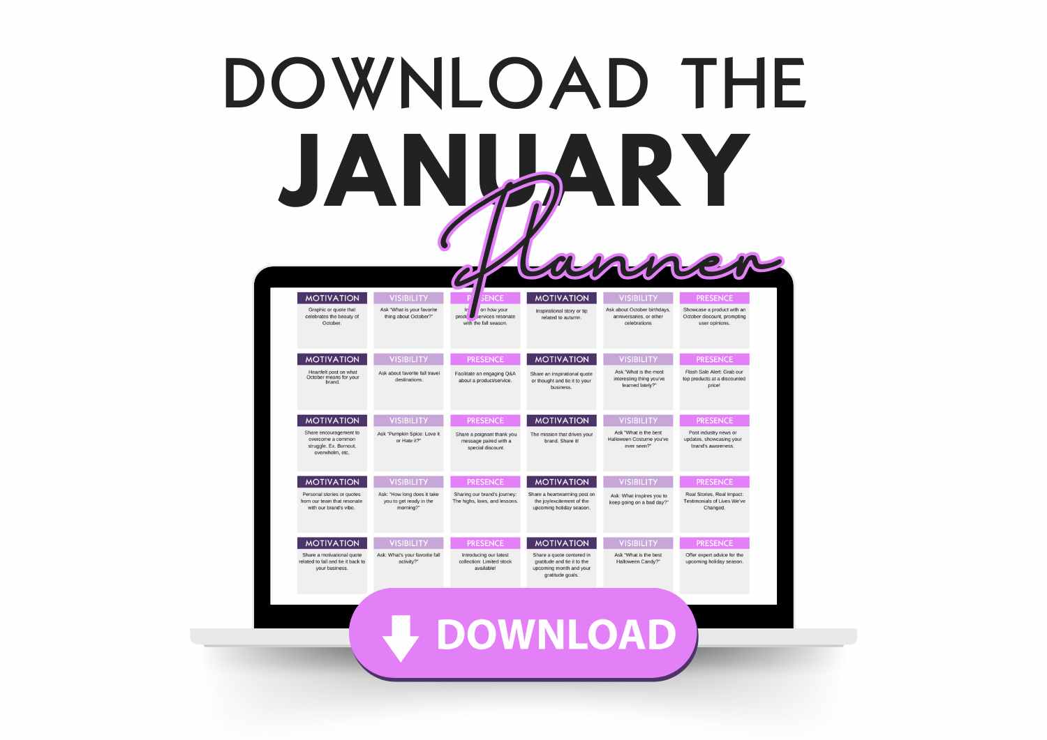 a picture of the January social media planner on a laptop with 30 January post ideas and 