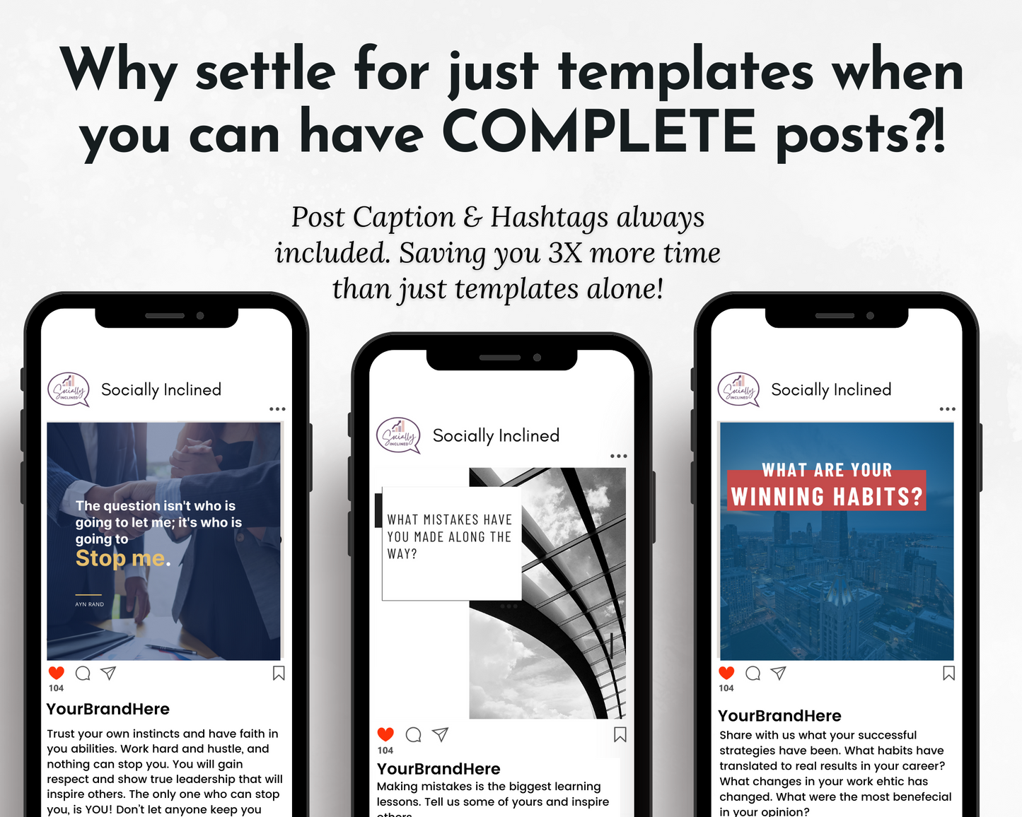 Four Entrepreneur Social Media Post Bundles with Canva Templates | 150 Images from Socially Inclined, with the text why settle for just templates when you have complete social media post?