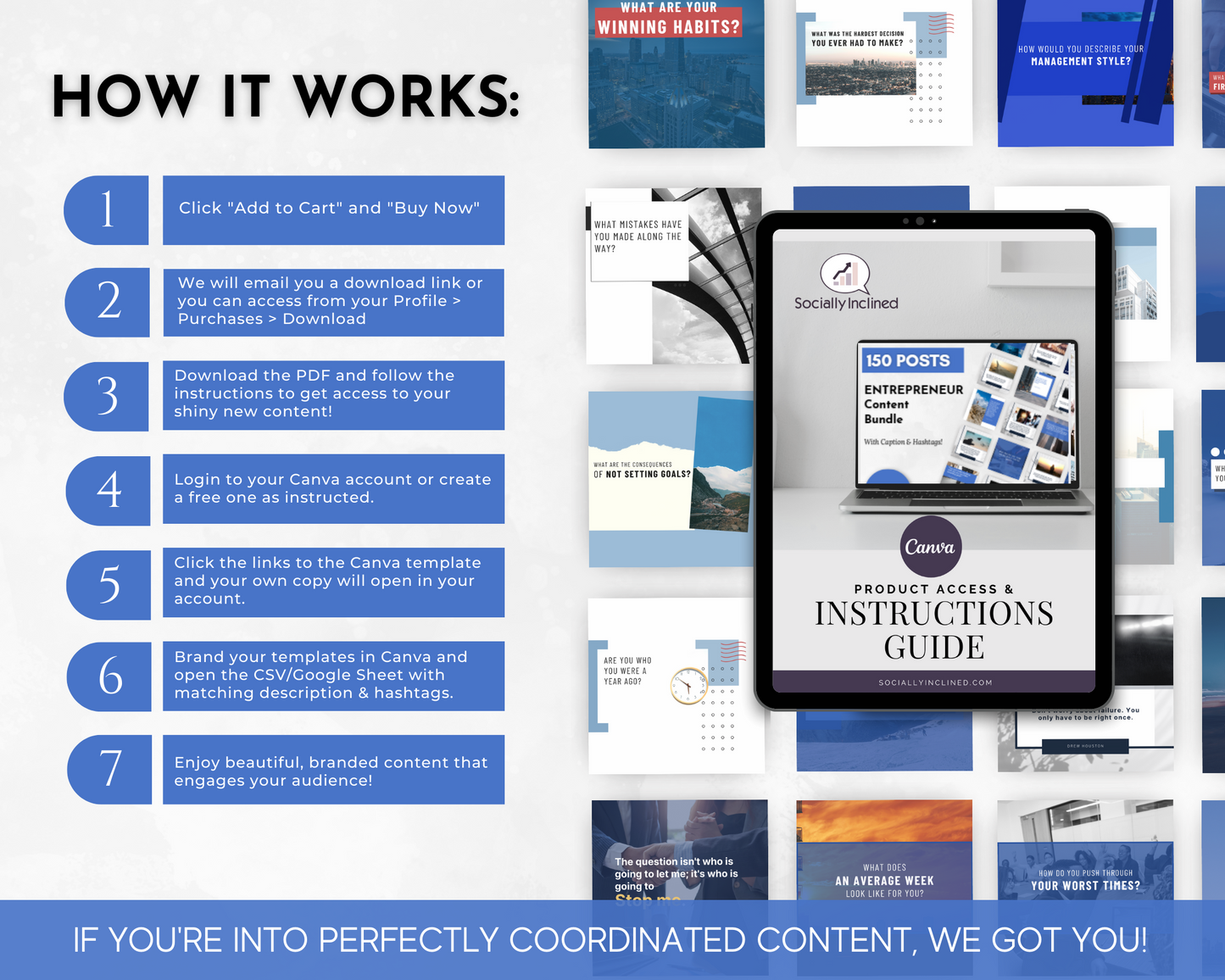 A guide providing instructions on how the Entrepreneur Socially Inclined Social Media Post Bundle with Canva Templates | 150 Images works for entrepreneurs.