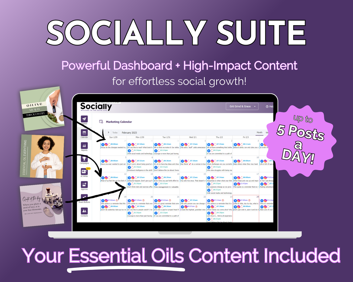 Enhance your online presence and boost your social media marketing efforts with our Get Socially Inclined - Socially Suite Membership. Our powerful dashboard allows for easy management of high-content your essential oils content included.