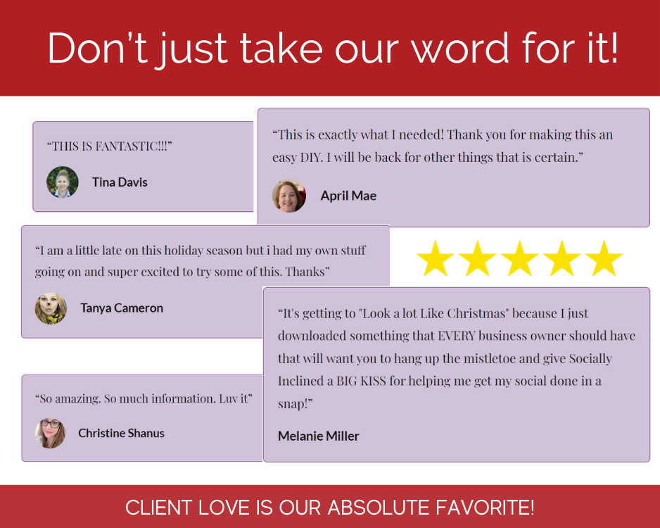 A picture of a client's review with a heart from the HUGE Holiday Hustle Marketing Toolkit by Get Socially Inclined.