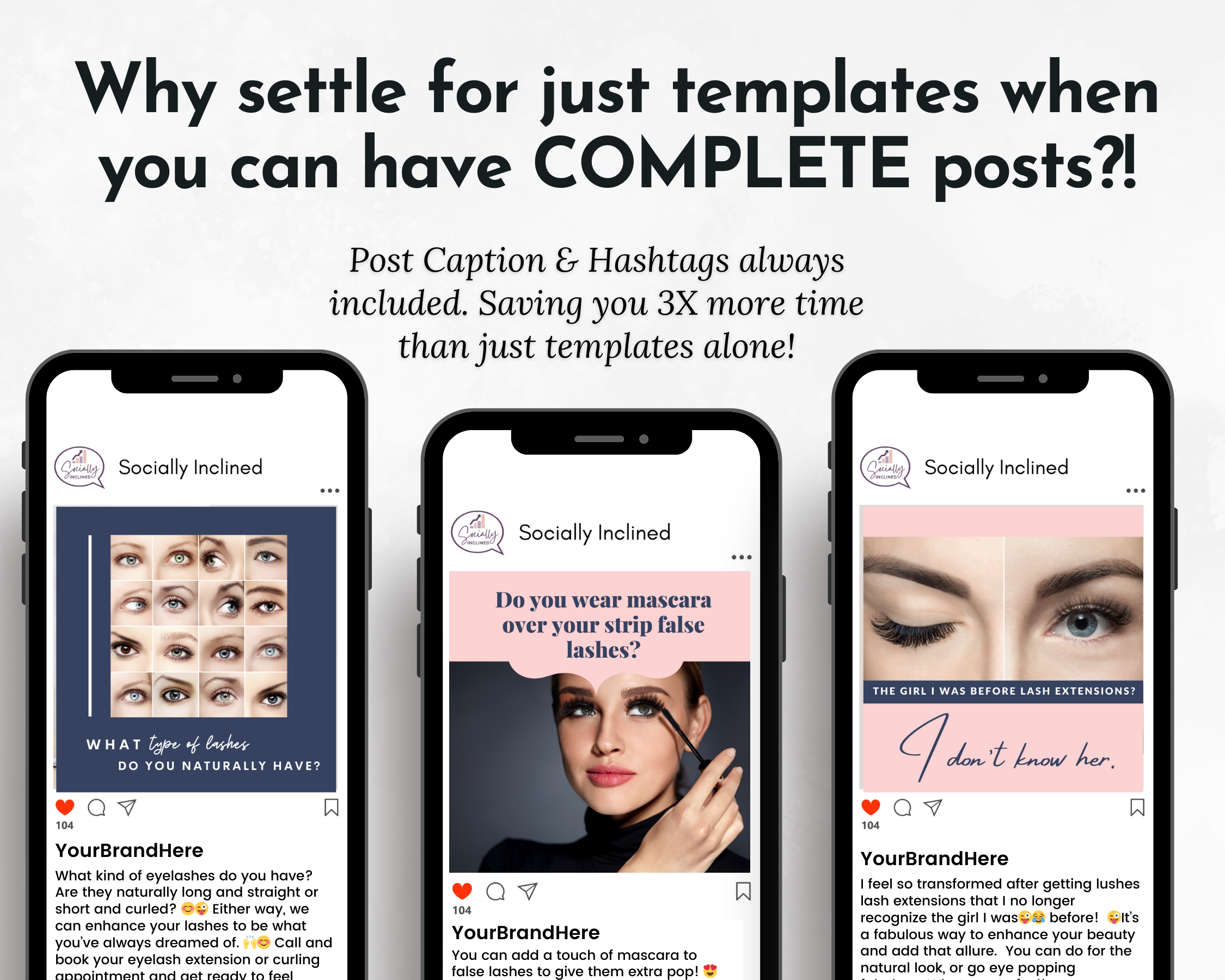 A set of Eyelashes Social Media Post Bundle with Canva Templates optimized with social media game templates to attract new Socially Inclined clients through complete post SEO keywords.
