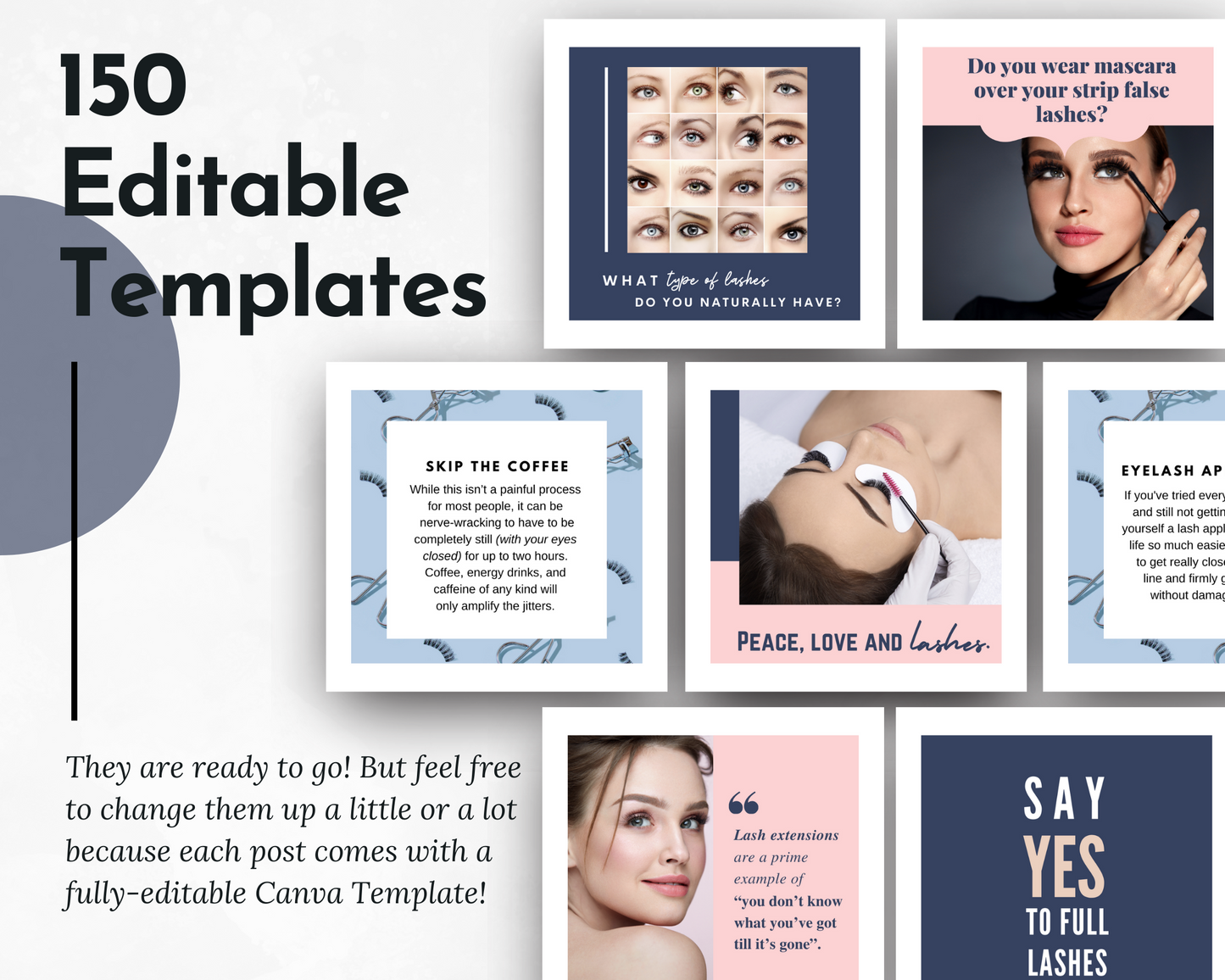 150 editable Eyelashes Social Media Post Bundle with Canva Templates for Socially Inclined social media content bundle.
