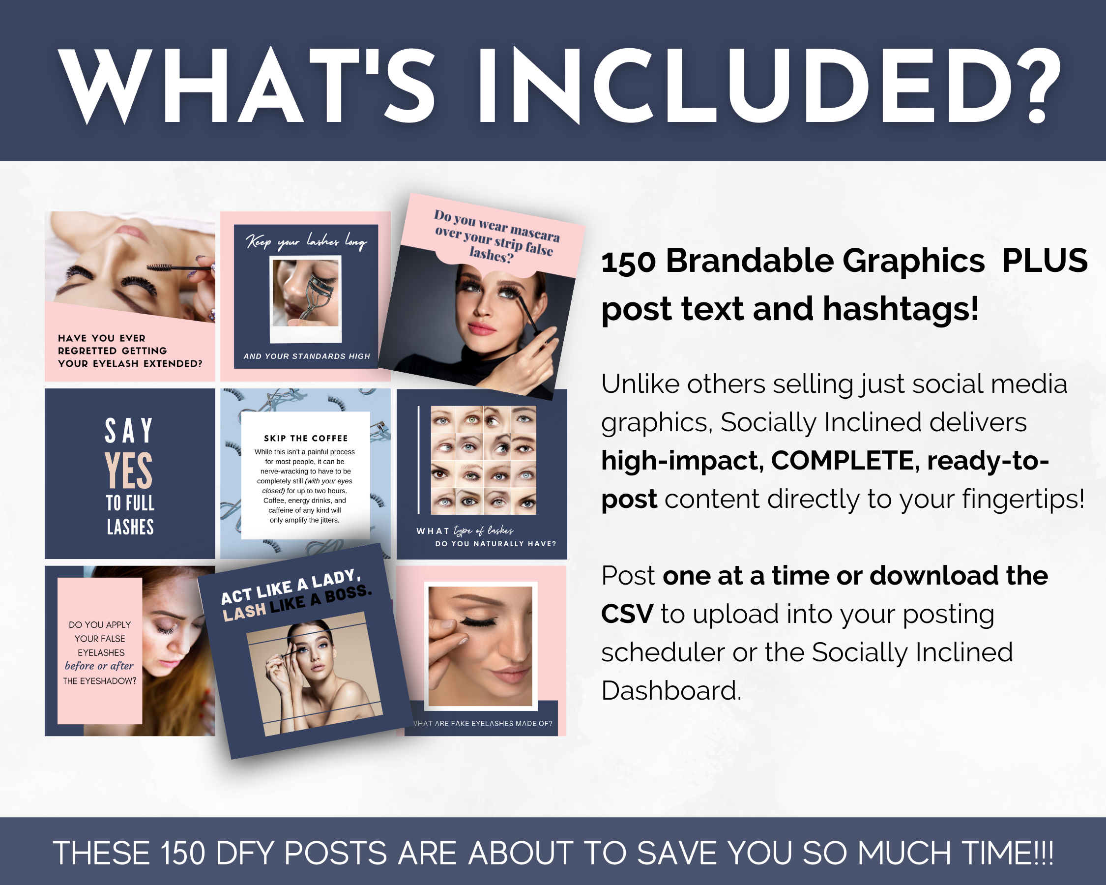 What's included in the Eyelashes Social Media Post Bundle with Canva Templates by Socially Inclined?