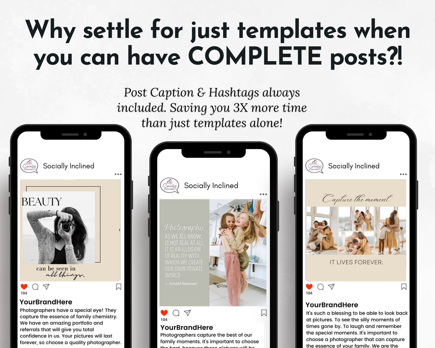 Four smartphones with the Family Photography Social Media Post Bundle with Canva Templates from Socially Inclined, with the text, 'select for just templates when you have complete post' for social media content.