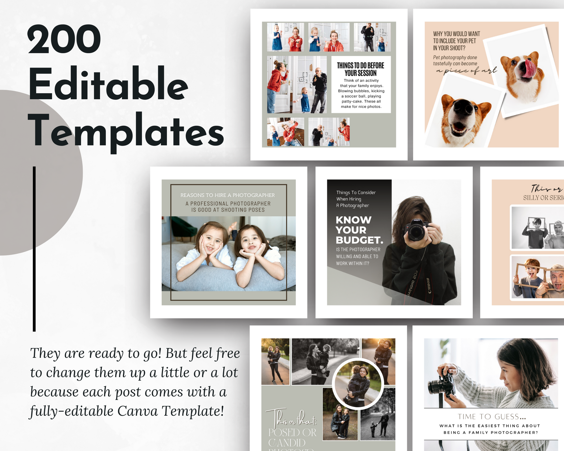 Socially Inclined's Family Photography Social Media Post Bundle with Canva Templates includes 200 editable social media templates.