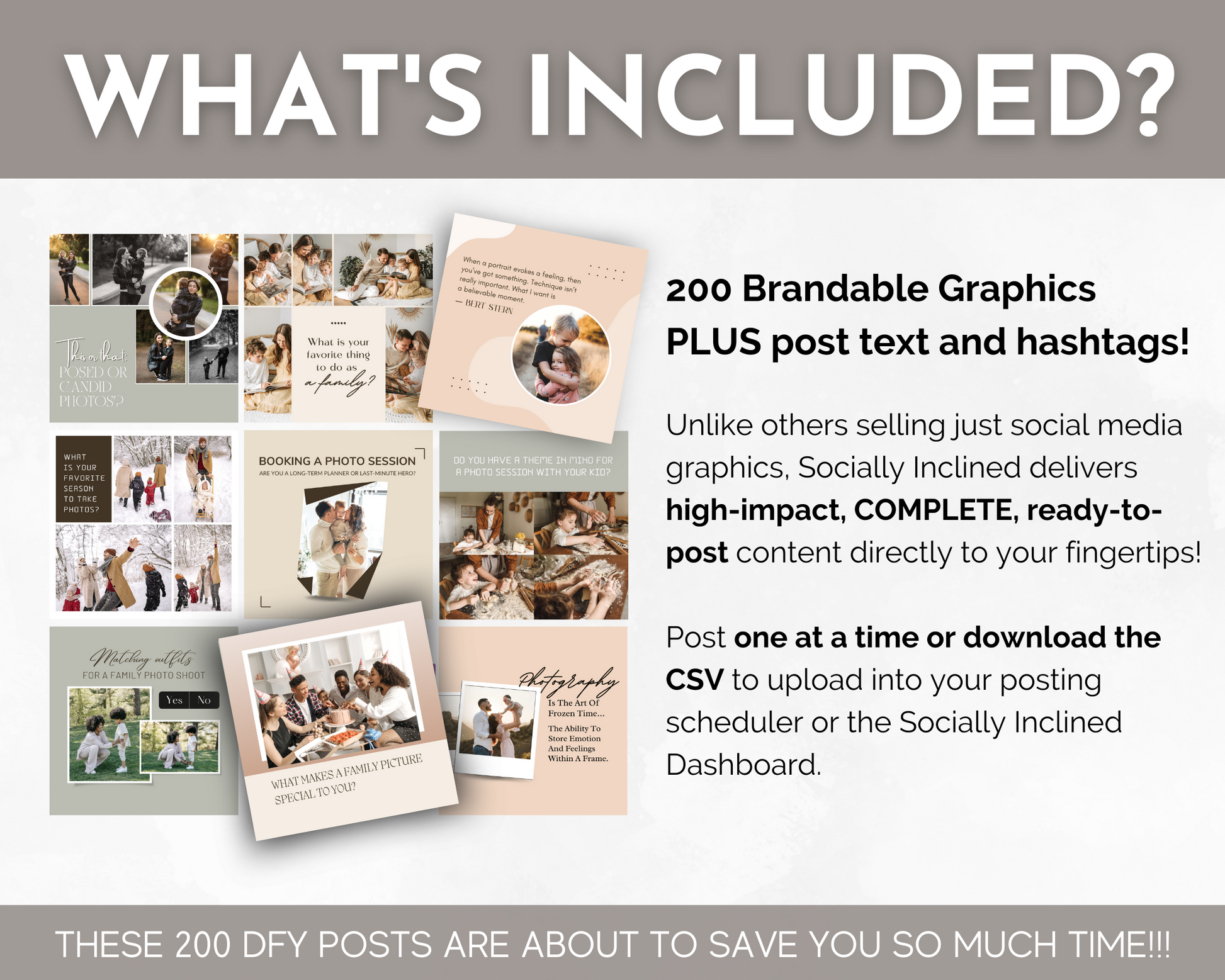 What's included in the Family Photography Social Media Post Bundle with Canva Templates for Socially Inclined.
