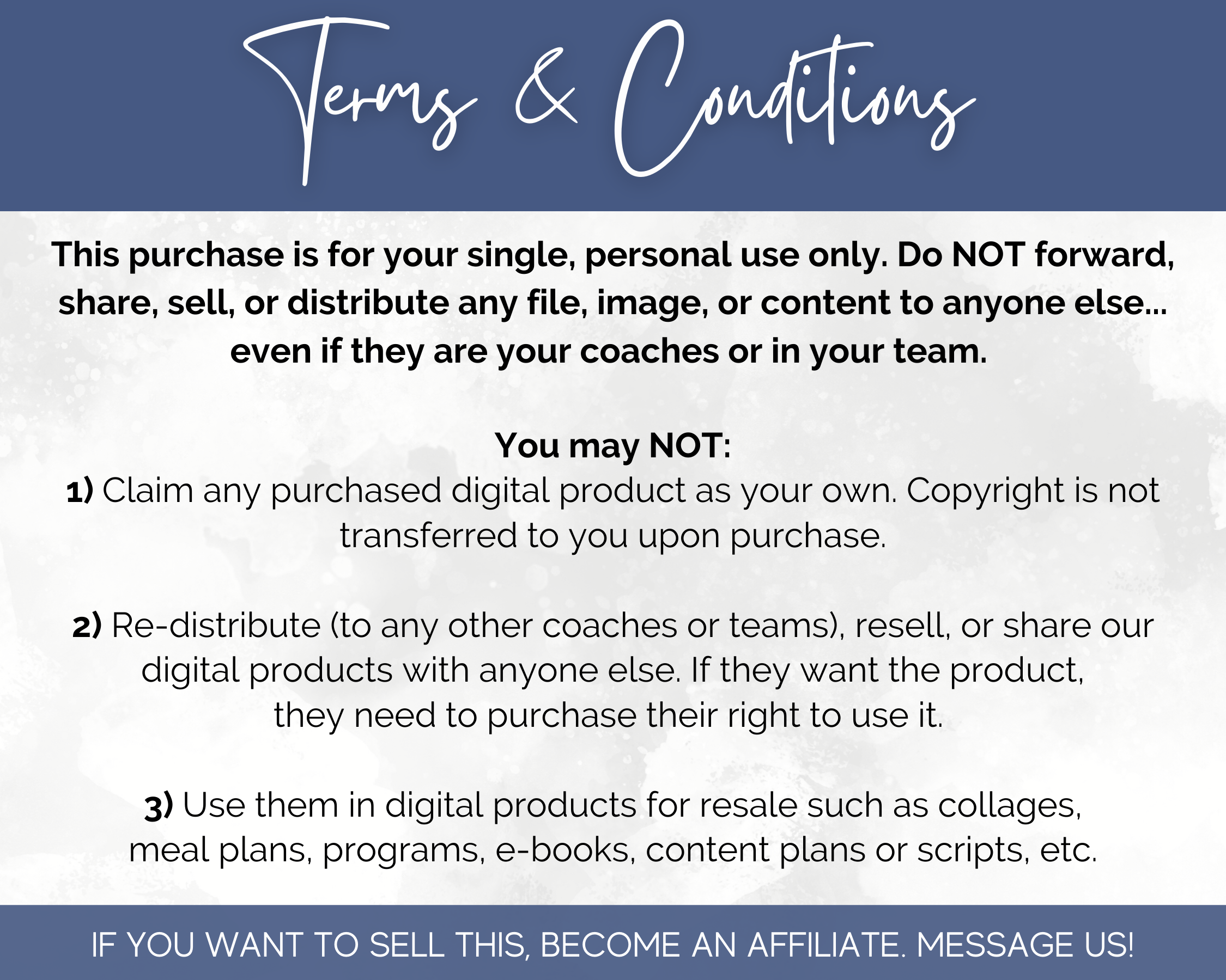The terms and conditions for purchasing a Finance Social Media Post Bundle with Canva Templates that includes finance guidance from Socially Inclined.