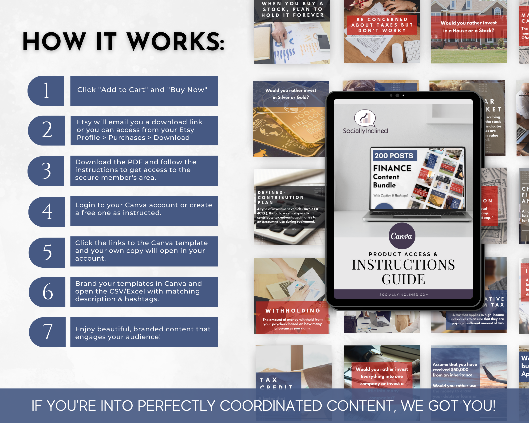 Instruction guide for understanding how the Finance Social Media Post Bundle with Canva Templates from Socially Inclined influences the finance content.
