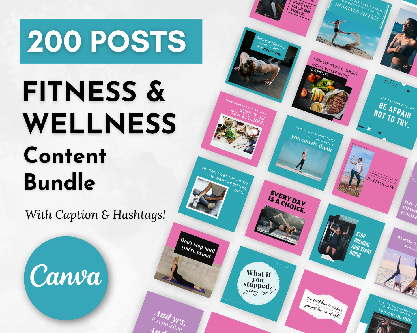 200 Socially Inclined Fitness & Wellness Social Media Post Bundle with Canva Templates.