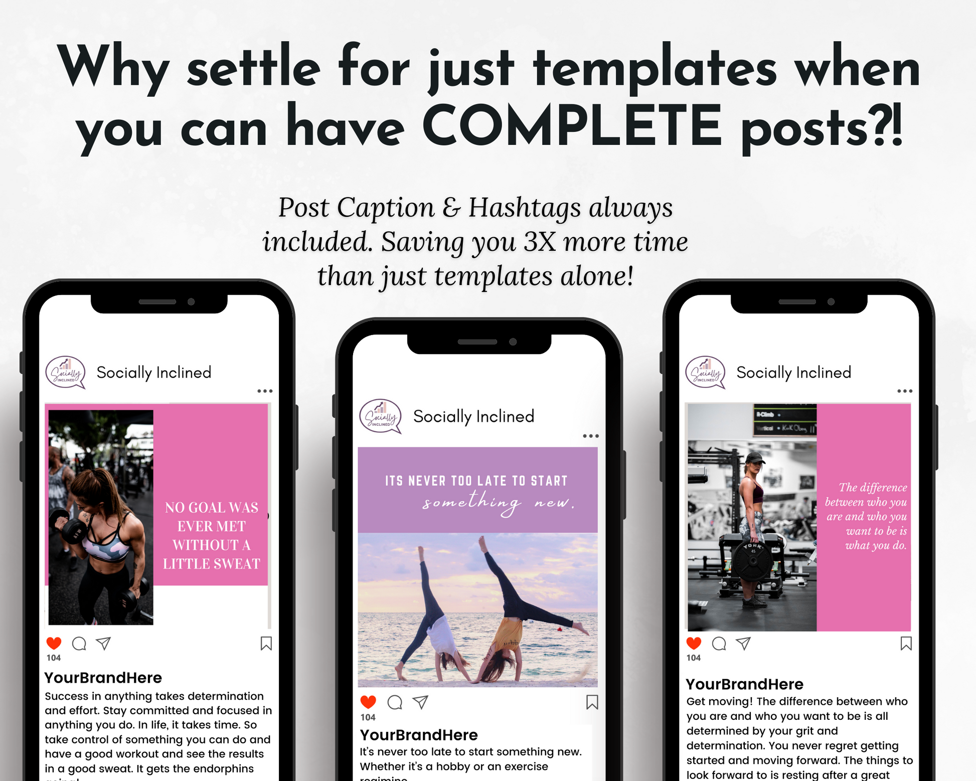 Four Fitness & Wellness Social Media Post Bundles with Canva Templates from Socially Inclined smartphones.