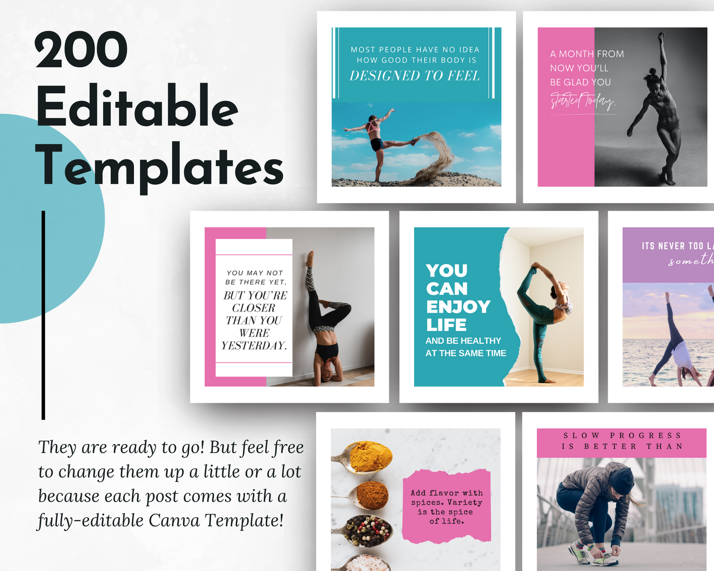 200 editable Instagram templates from the Fitness & Wellness Social Media Post Bundle with Canva Templates by Socially Inclined for fitness coaches and health and fitness social media.