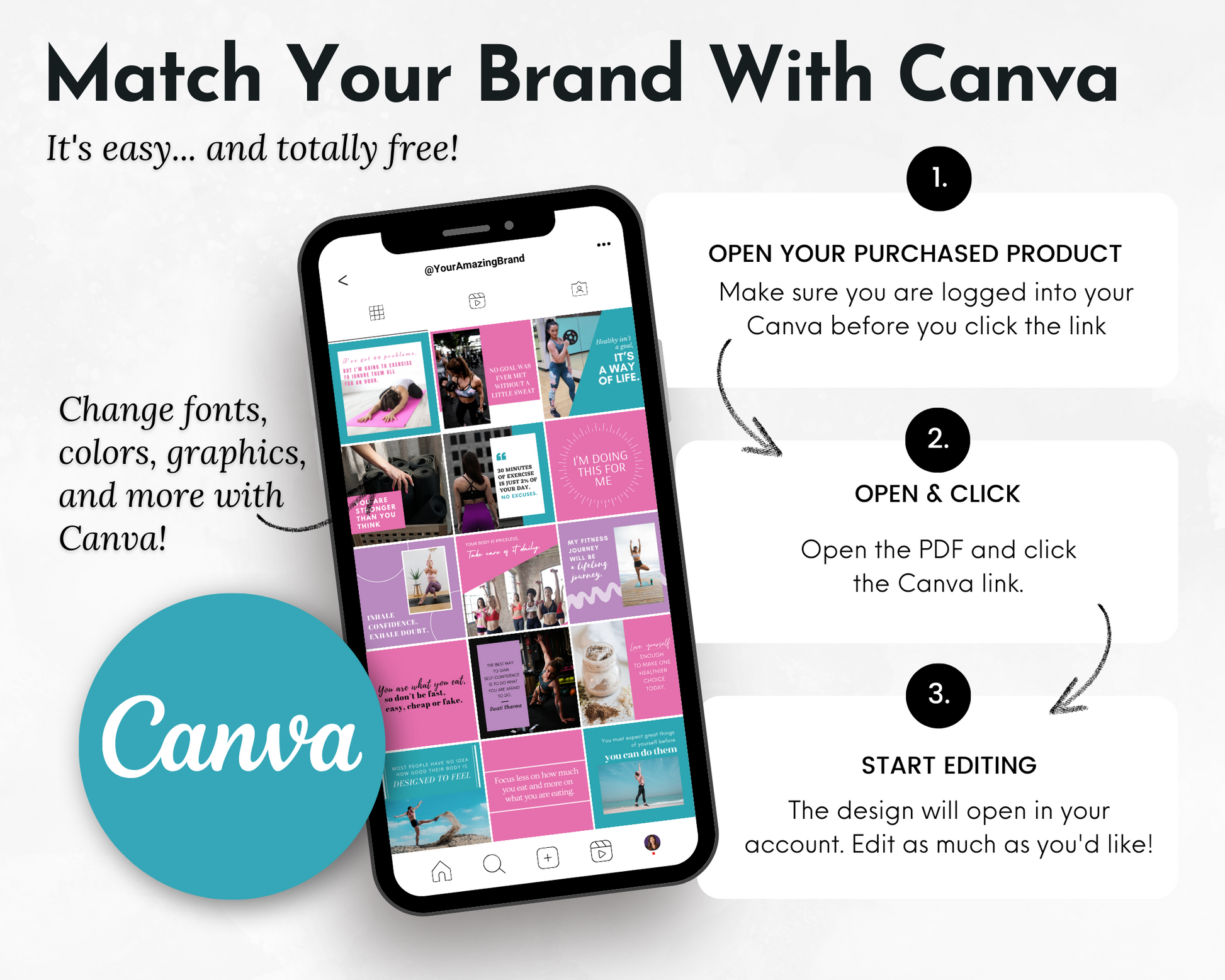 Match your Socially Inclined health and fitness brand with Fitness & Wellness Social Media Post Bundle with Canva Templates for social media images.