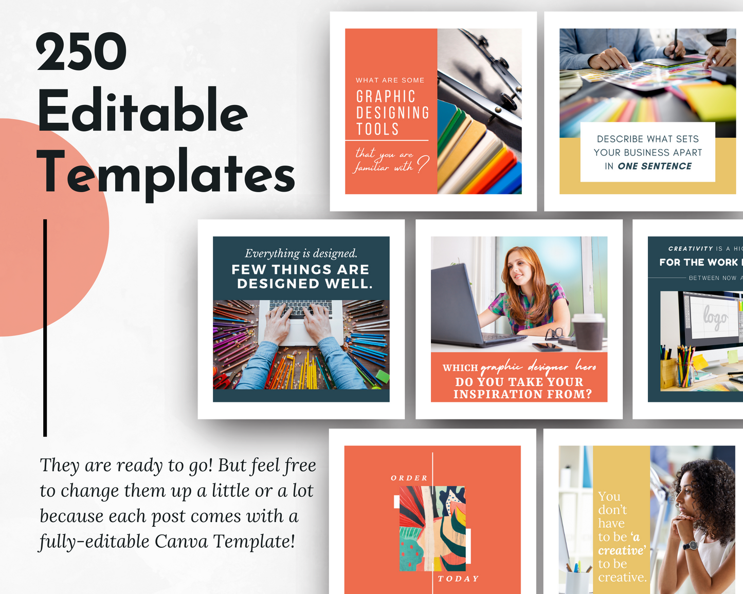 250 editable Instagram templates for Socially Inclined's Graphic Design Social Media Post Bundle with Canva Templates.