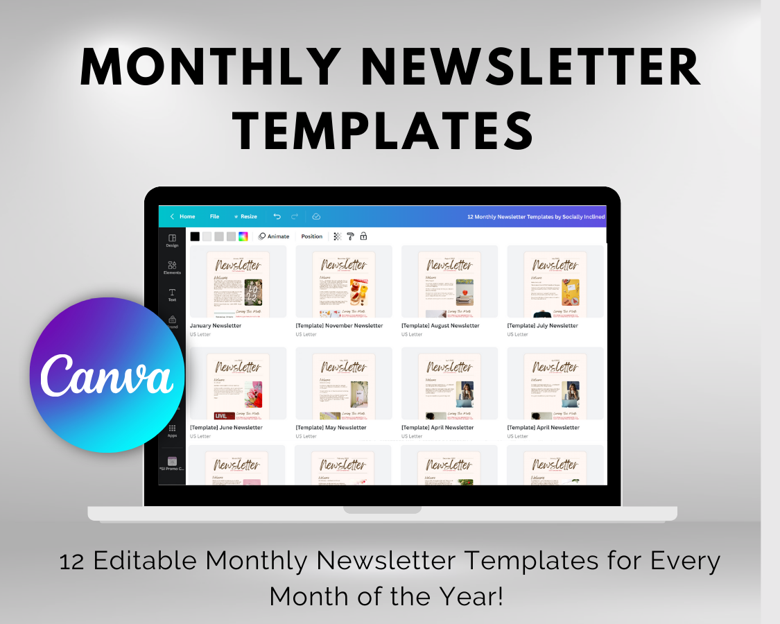 Get Socially Inclined offers 12 Monthly Newsletter Templates - January through December designed to enhance email engagement and incorporate SEO keywords.