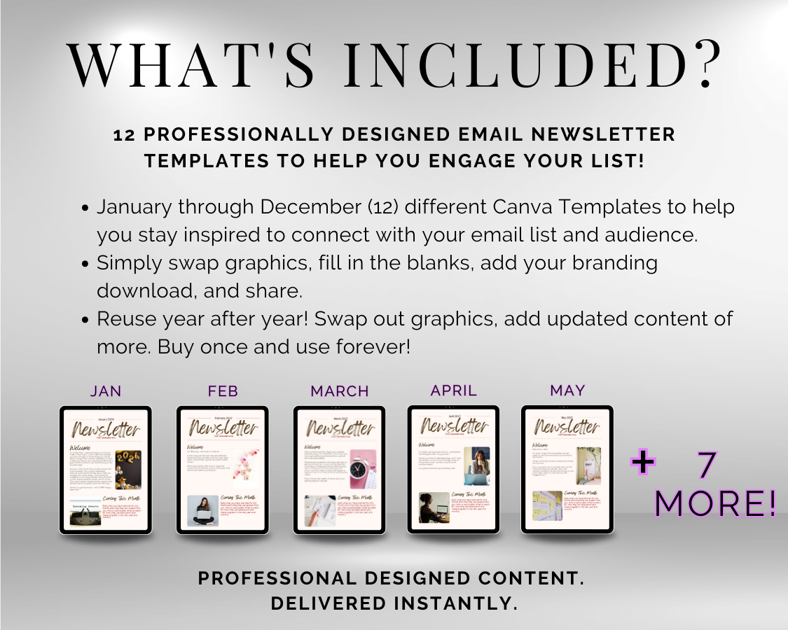 A monthly flyer featuring the 12 Monthly Newsletter Templates - January through December by Get Socially Inclined and email engagement.
