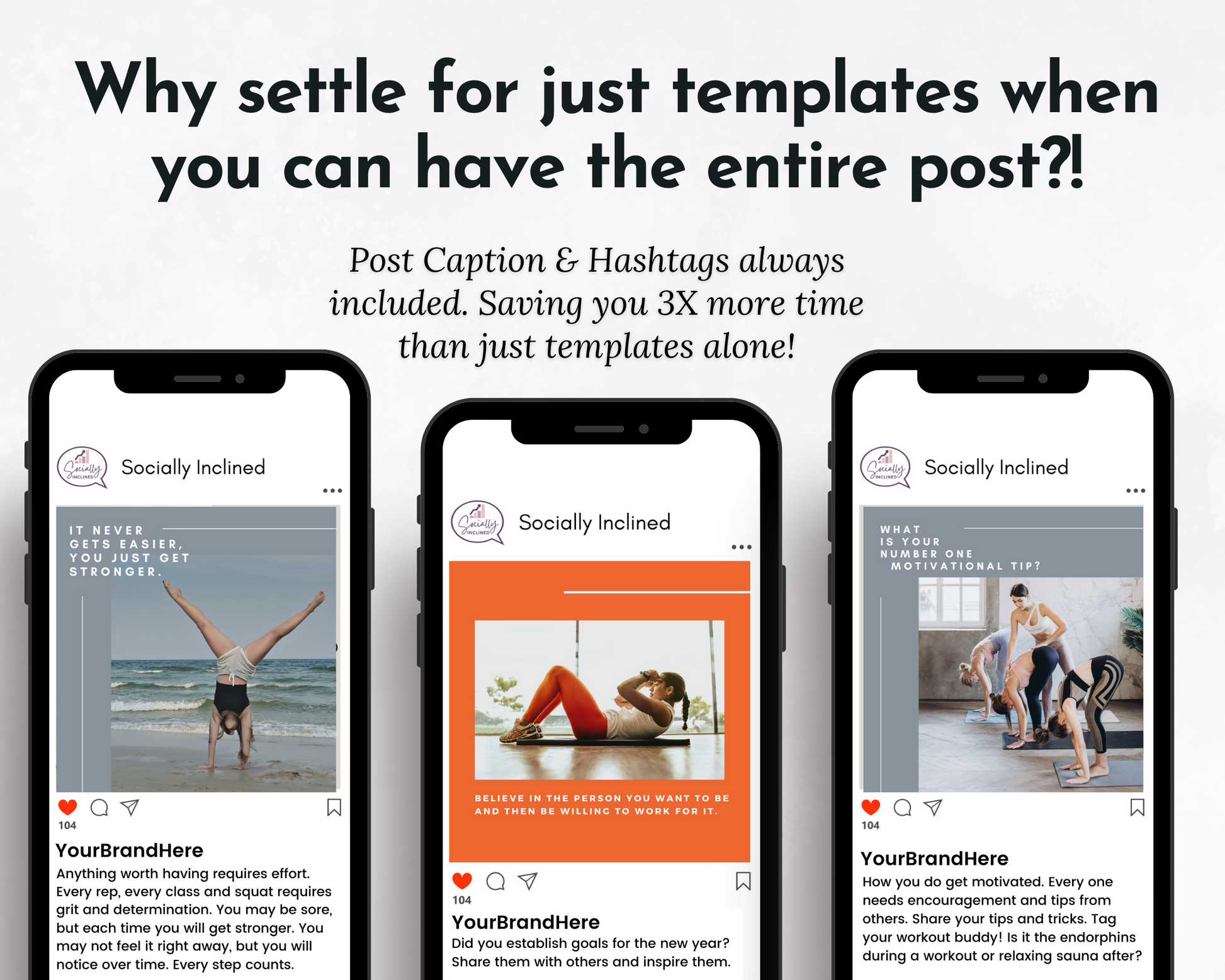 Four smartphones with the Health & Wellness Coaches Social Media Post Bundle with Canva Templates from Socially Inclined is better than just settling for templates. You can have the entire post that covers content and social media.