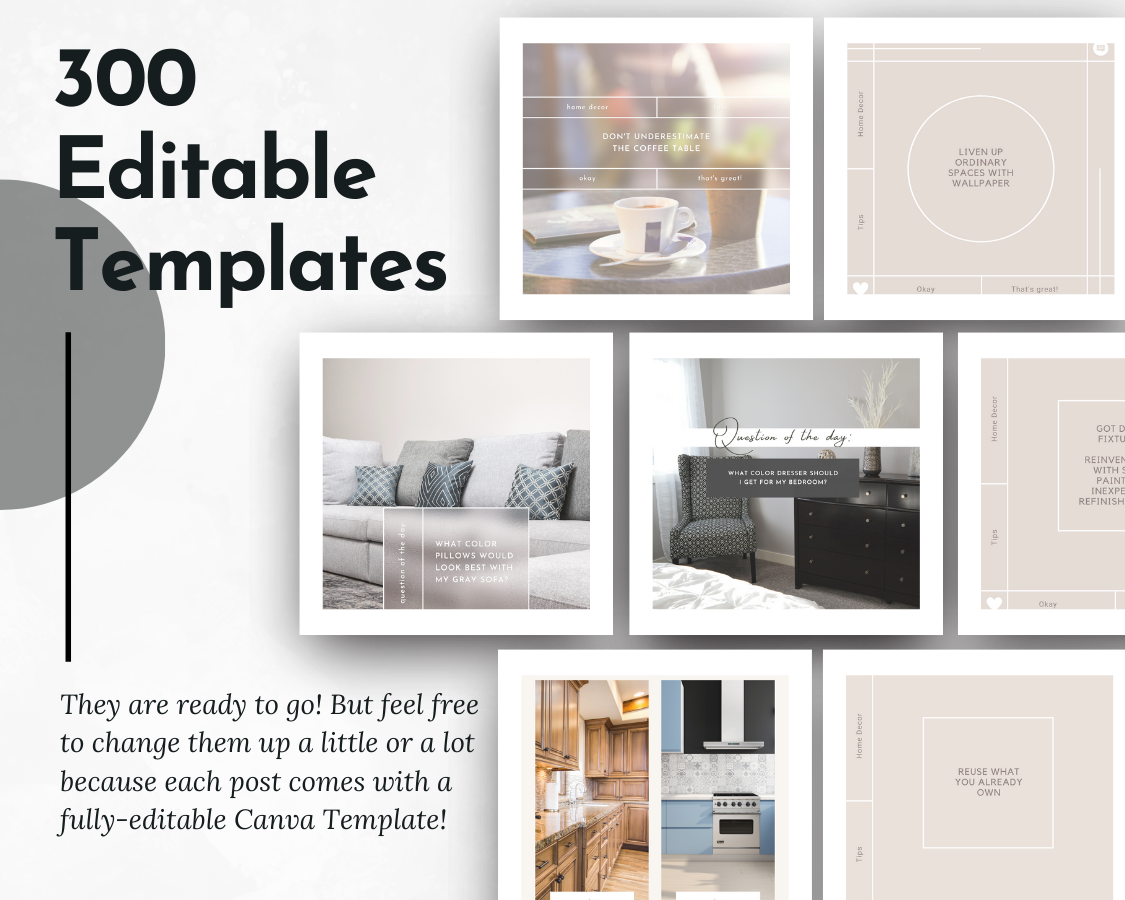 300 editable Canva templates for interior designers from Socially Inclined, the Home Decor Social Media Post Bundle.