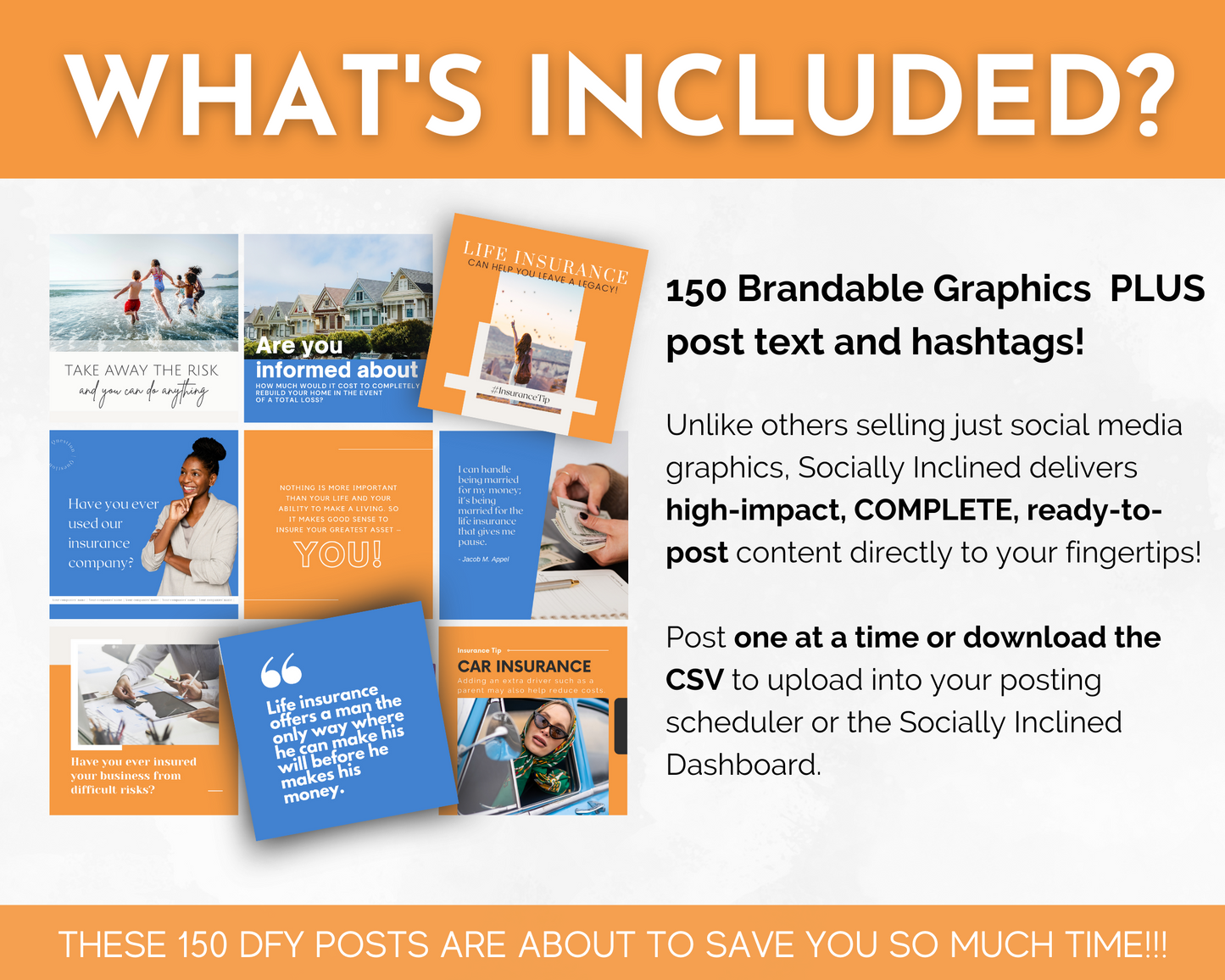 What's included in the Insurance Social Media Post Bundle with Canva Templates from Socially Inclined, with a focus on insurance and content?