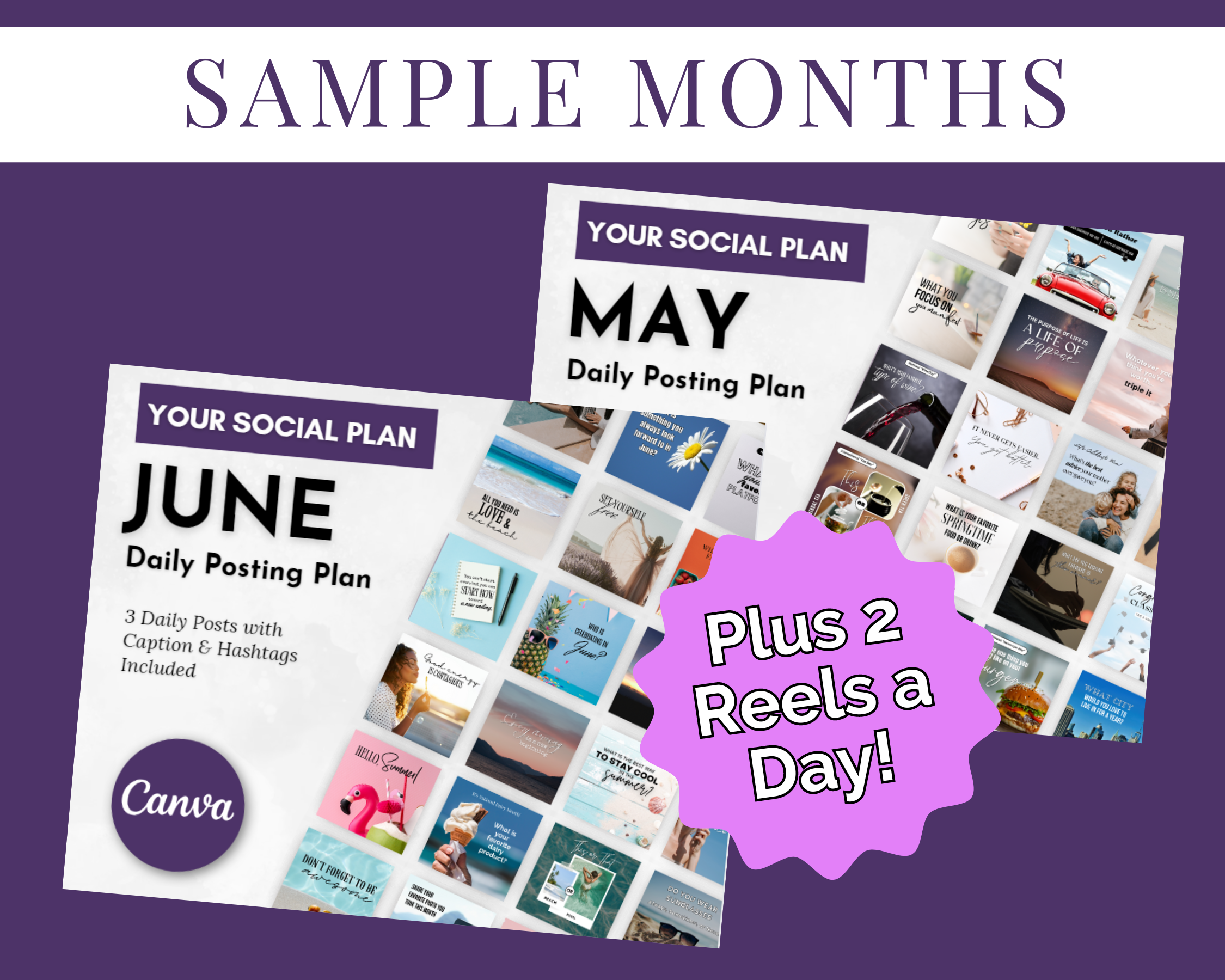 Promotional graphic showing a daily posting plan for May and June, featuring three daily posts and two reels a day, packed with done-for-you content perfect for business-building prompts from Your Social Plan Content Membership by Get Socially Inclined.