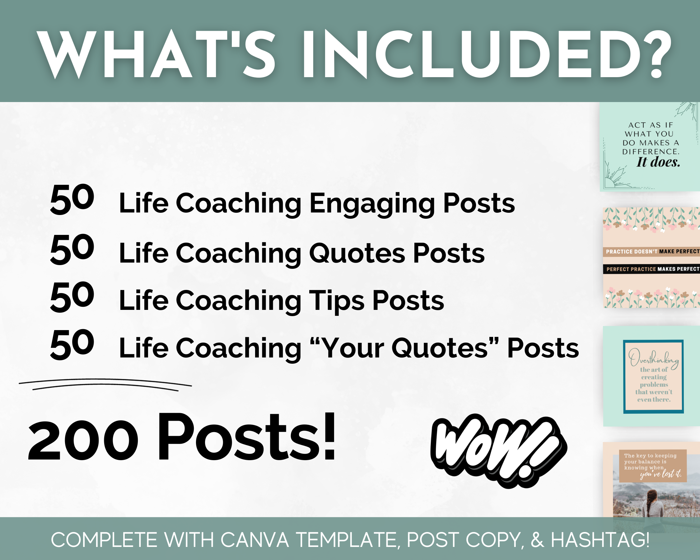 Promotional graphic for a Socially Inclined Life Coaching Social Media Post Bundle with Canva Templates, including engaging posts, tips, and quotes with a total of 200 posts focused on lifestyle changes, complete with Canva template and post copy.