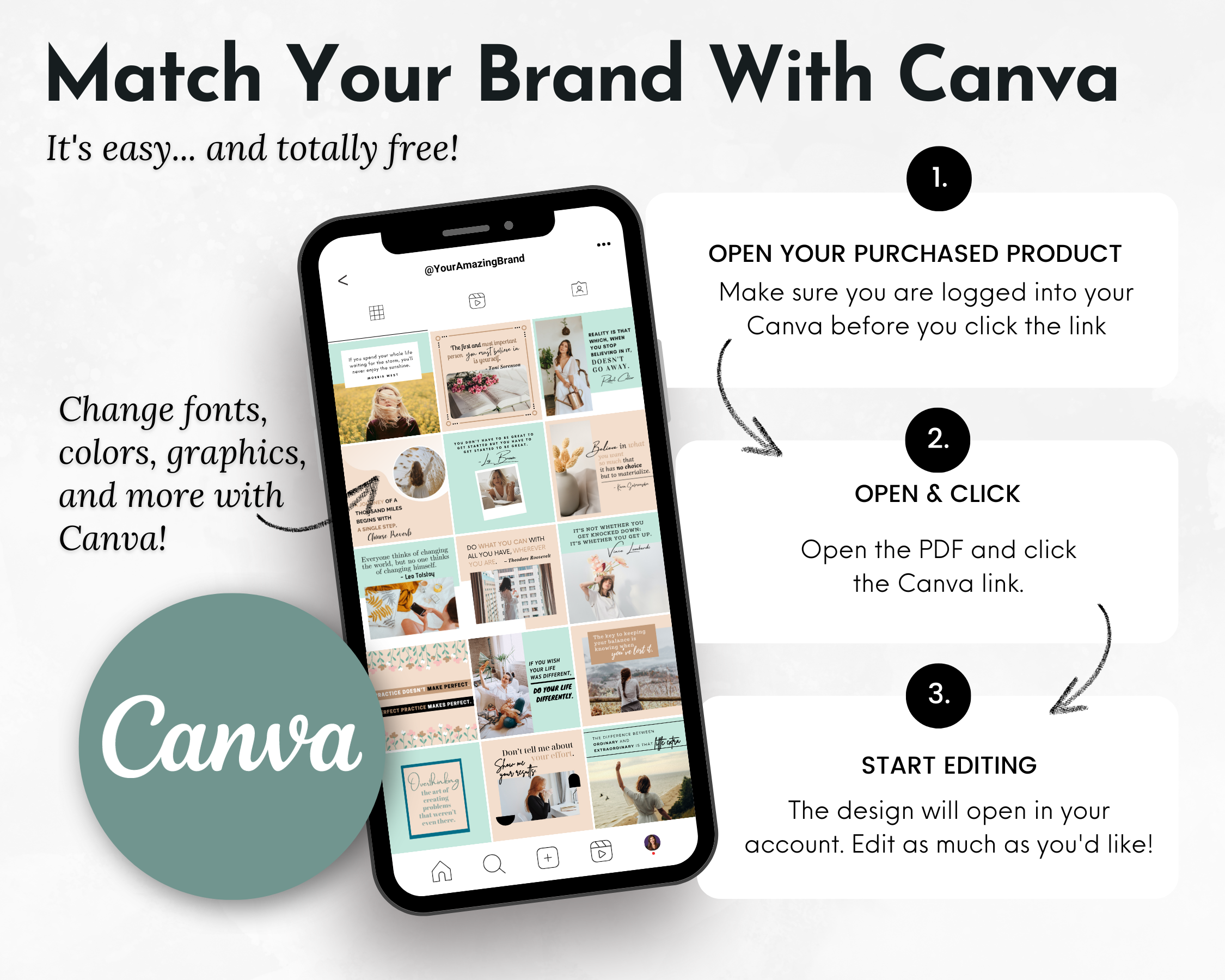 Promotional graphic showcasing the ease of customizing Socially Inclined life coaching brand content with the Life Coaching Social Media Post Bundle with Canva Templates, including a smartphone displaying Canva designs and a three-step instruction on how to edit a Canva template for social media.