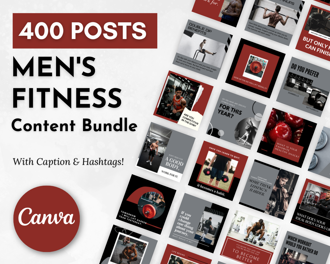 400 Men's Fitness Social Media Post Bundle with Canva Templates promoting a healthy lifestyle, by Socially Inclined.