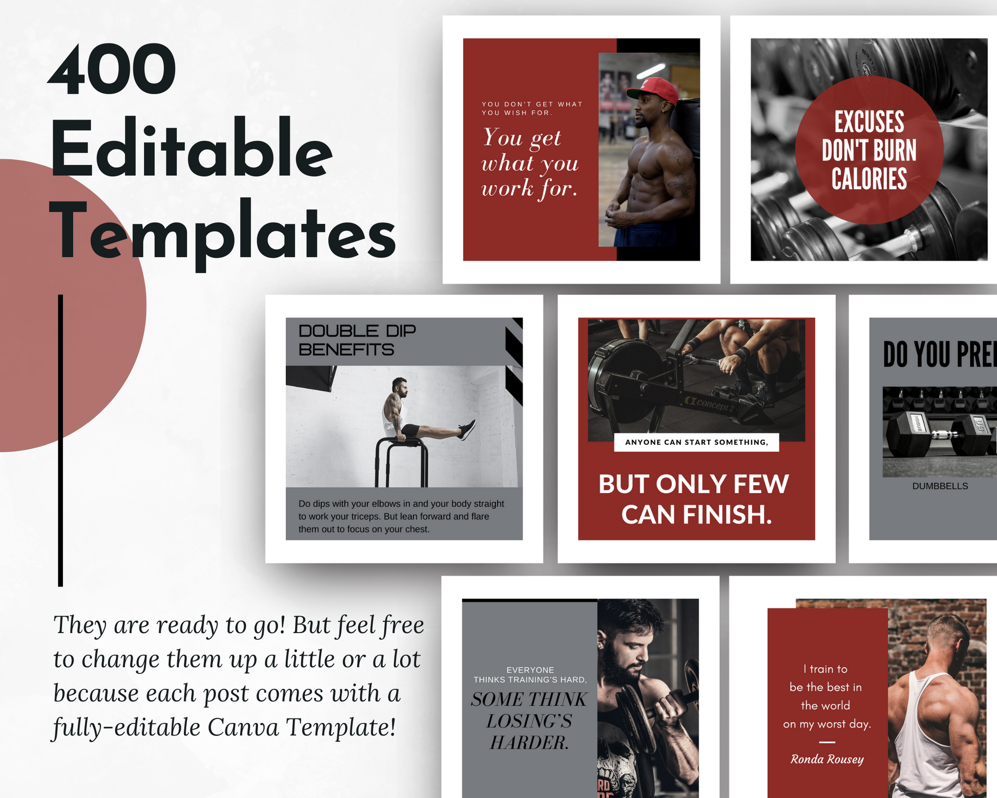 400 editable Men's Fitness Canva templates for social media content.