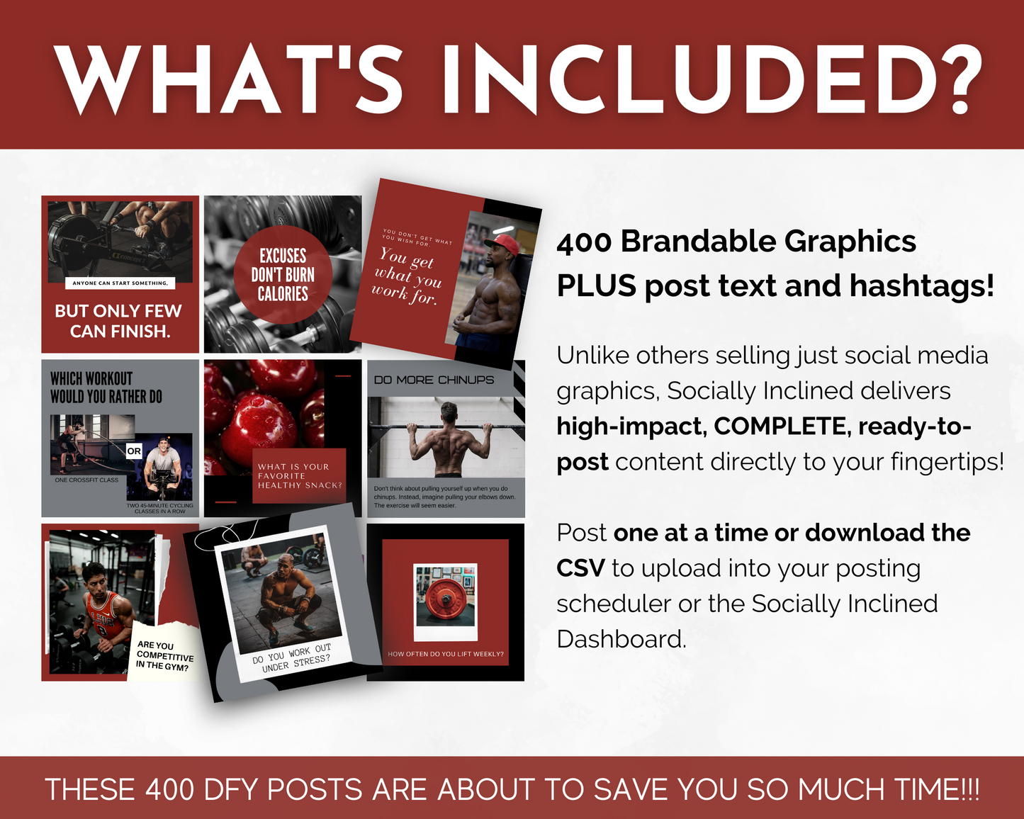 What's included in the Men's Fitness Social Media Post Bundle with Canva Templates from Socially Inclined?