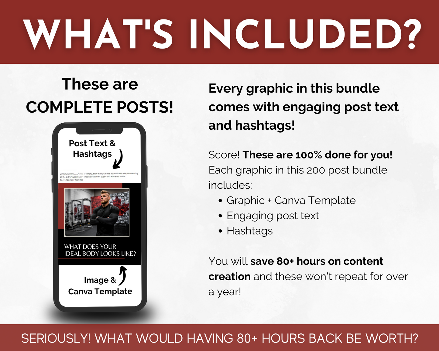A captivating flyer promoting Men's Fitness and a healthy lifestyle with the text "what's included?". Perfect for Socially Inclined's Men's Fitness Social Media Post Bundle with Canva Templates.