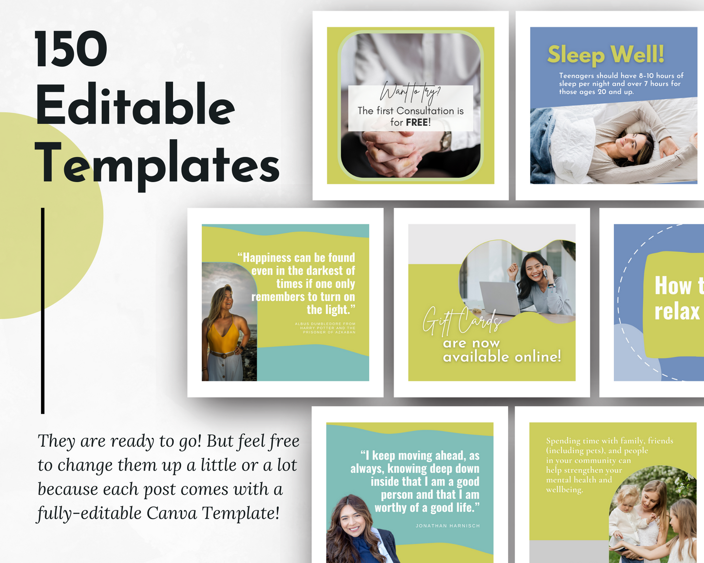 150 editable Instagram templates for professionals in the social media industry, featuring keywords related to Mental Health Social Media Post Bundle with Canva Templates from Socially Inclined.