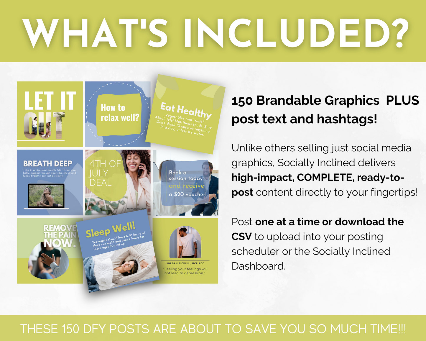 What's included in the Mental Health Social Media Post Bundle with Canva Templates for professionals by Socially Inclined?