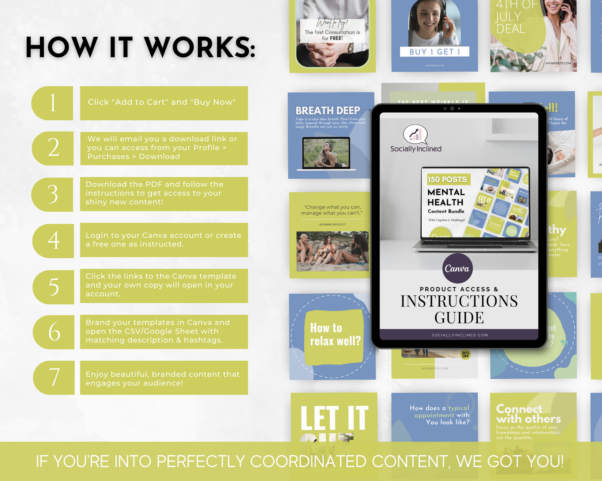How it works instruction guide for professionals in the Mental Health field using Social Media with Socially Inclined's Mental Health Social Media Post Bundle featuring Canva Templates.