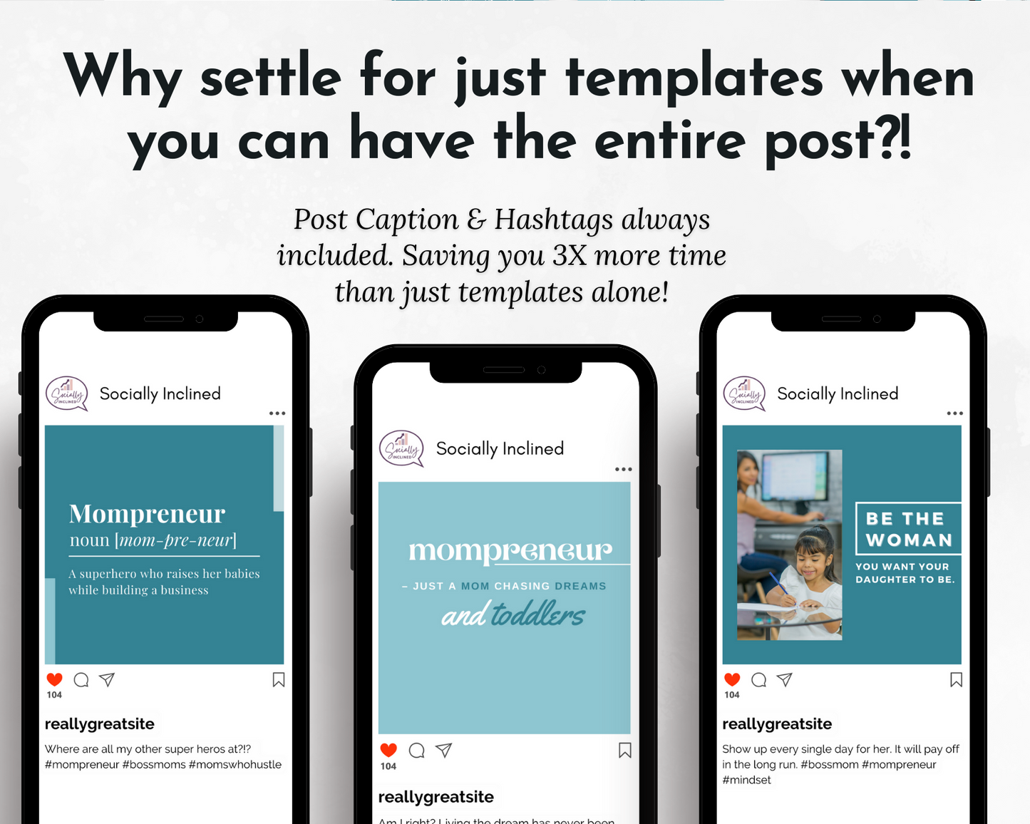 Four Mompreneur Social Media Post Bundles with Canva Templates for busy moms seeking content and social media images, provided by Socially Inclined.