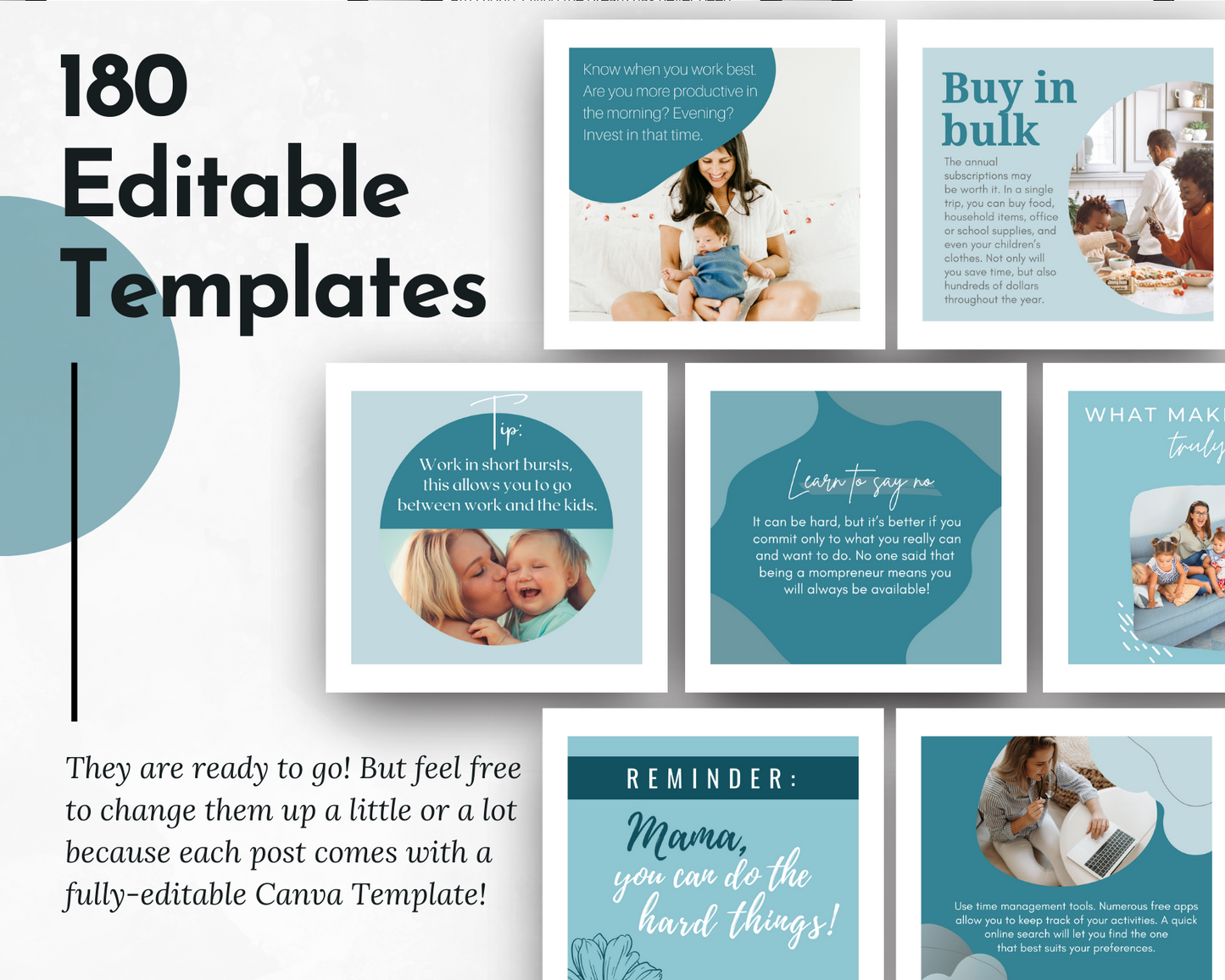 A set of editable templates for creating eye-catching and engaging social media images, perfect for busy moms looking to boost their online presence and enhance their content strategy. Introducing the Mompreneur Social Media Post Bundle with Canva Templates from Socially Inclined.