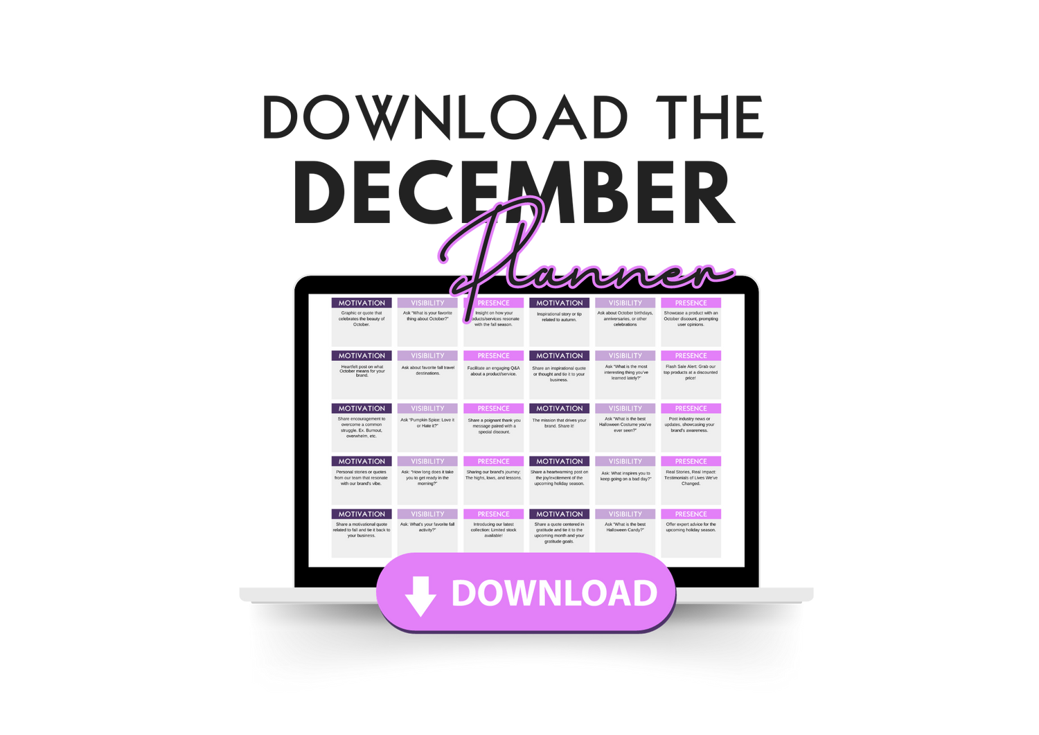 A link to download our free December social media content planner with 30 engaging post ideas for the month of december.