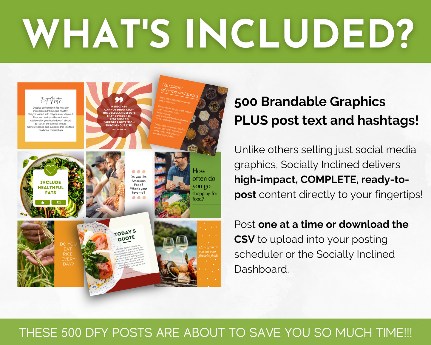 What's included in the Nutrition & Food Social Media Post Bundle by Socially Inclined?