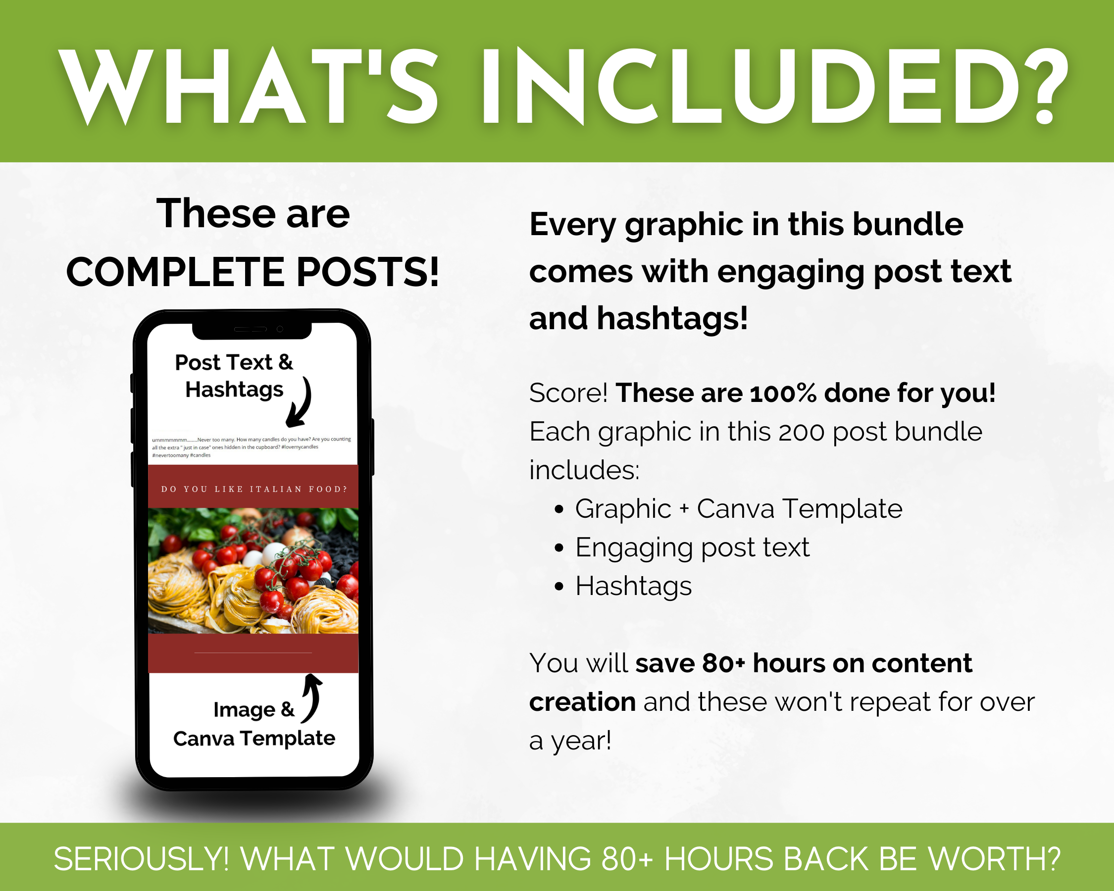 What's included in the complete Nutrition & Food Social Media Post Bundle | 500 Posts with Canva Templates by Socially Inclined for food businesses?