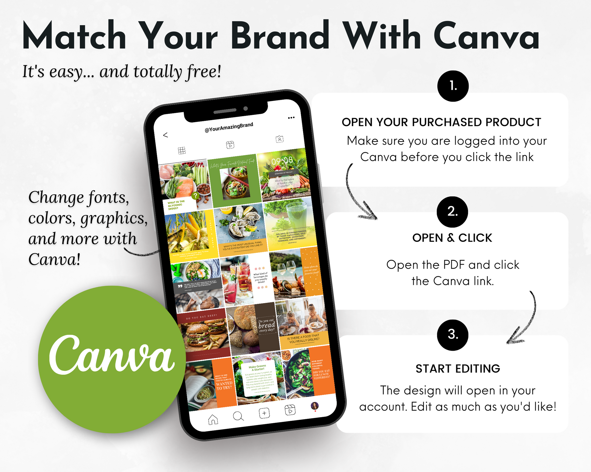 Match your brand with the Nutrition & Food Social Media Post Bundle | 500 Posts with Canva Templates by Socially Inclined.