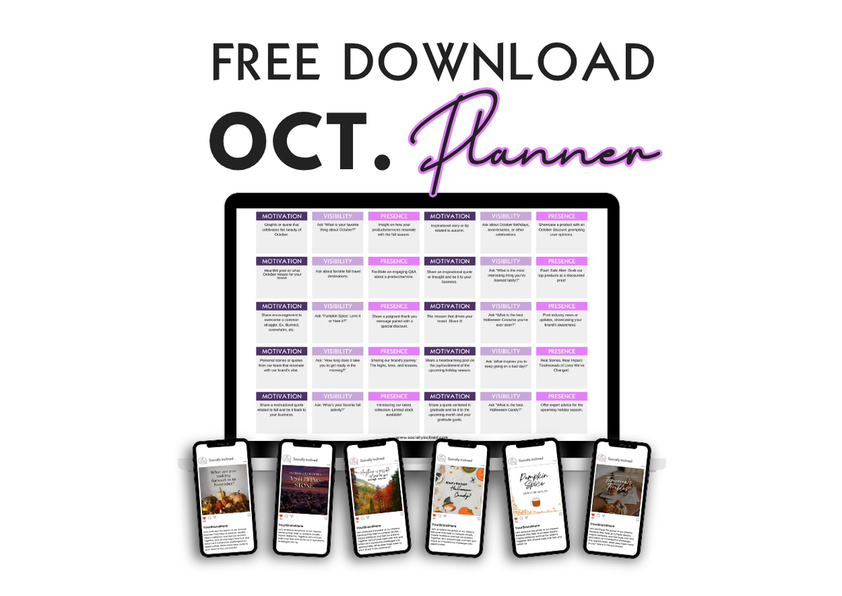 Promotional graphic for a 'FREE DOWNLOAD OCT. Planner' showing a large tablet with a monthly planner layout and six smaller phone mockups below, all on a white background.