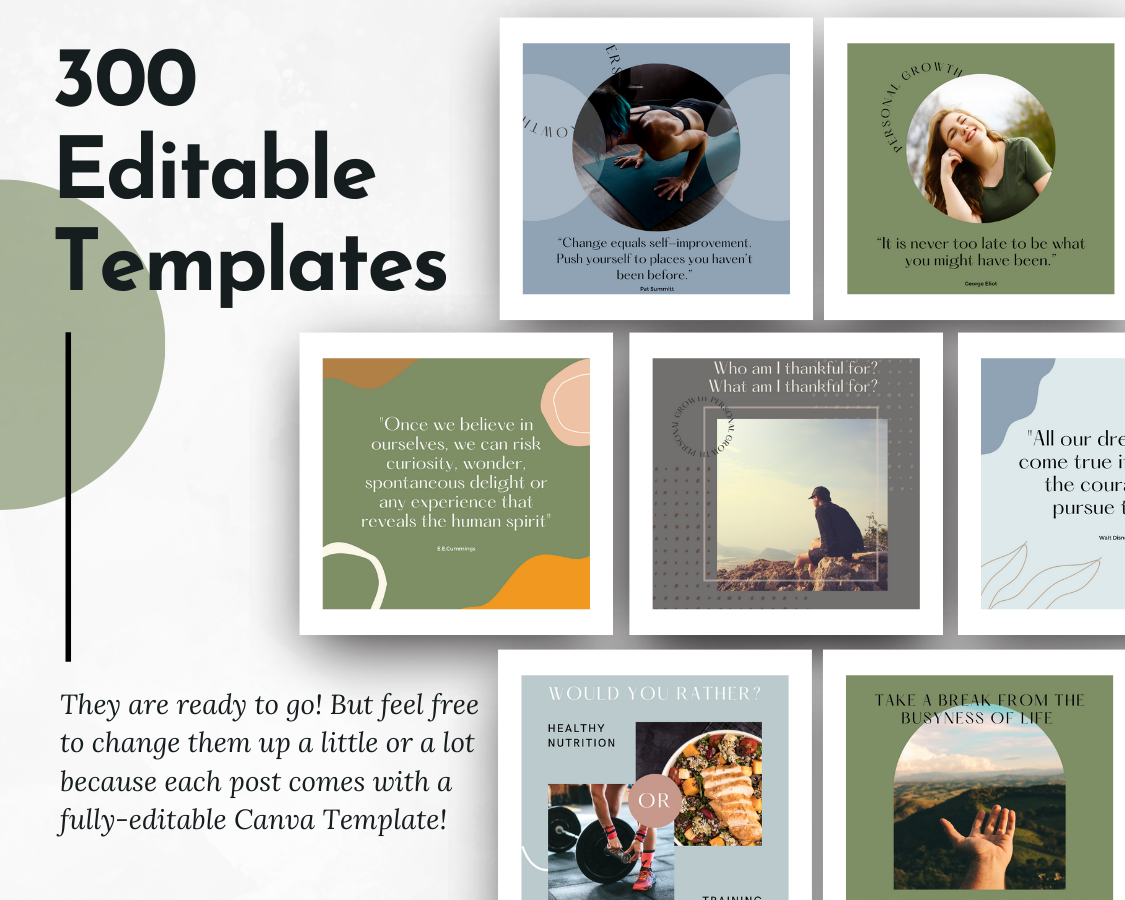 300 editable Personal Growth Social Media Post Bundle with Canva templates for personal growth and self-discovery on Instagram, brought to you by Socially Inclined.