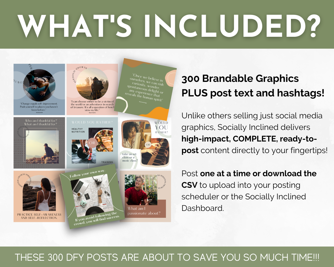 What's included in the Personal Growth Social Media Post Bundle with Canva Templates by Socially Inclined?